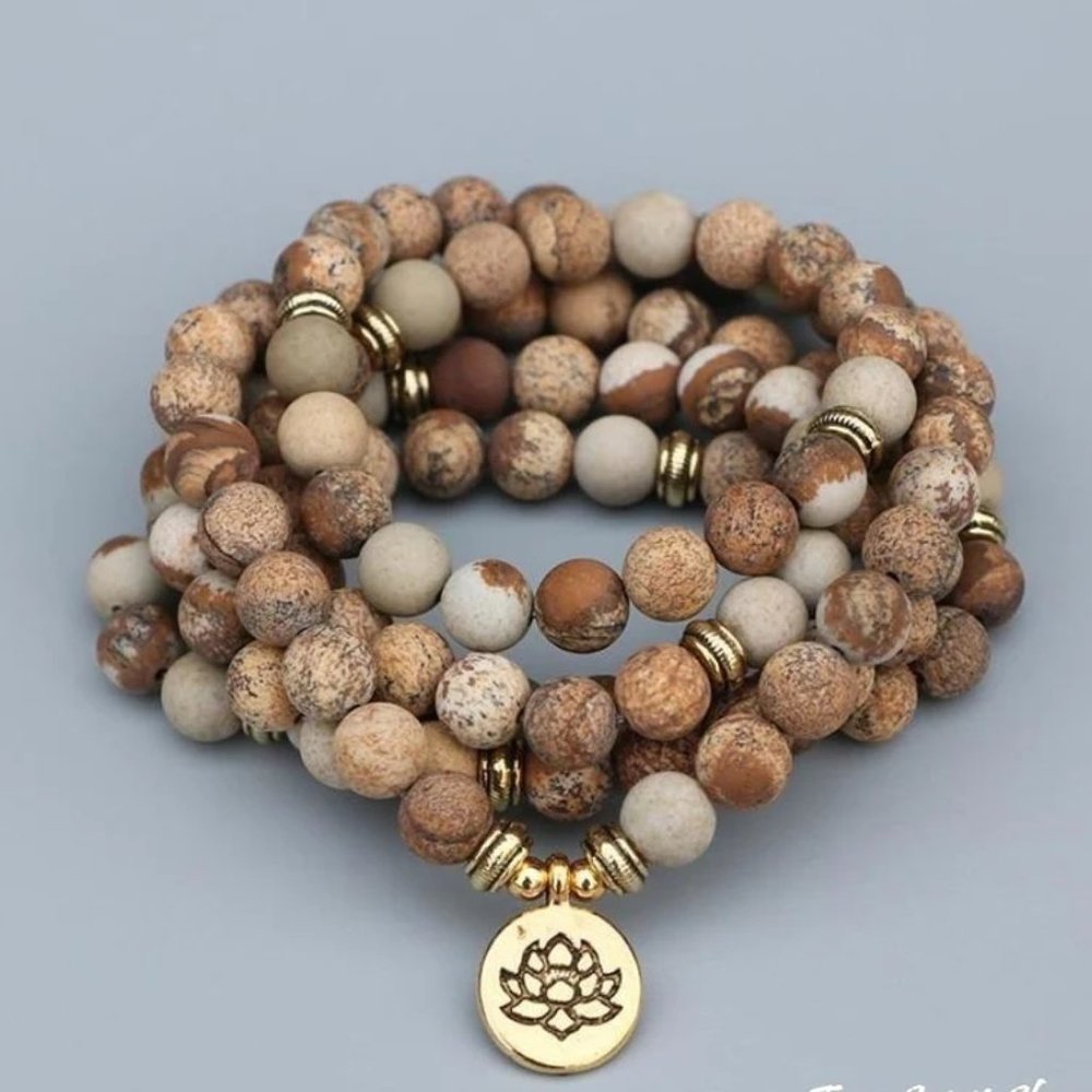 Picture Jasper 108 Mala Bead Healing Meditation Necklace Bracelet Xmas Gifts